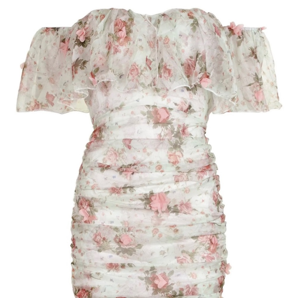 Floral pink and white off the shoulder dress